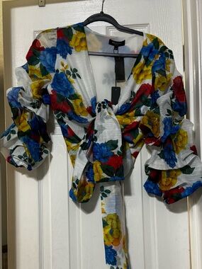 Beulah White Floral Tie-Front Puff Sleeve Blouse